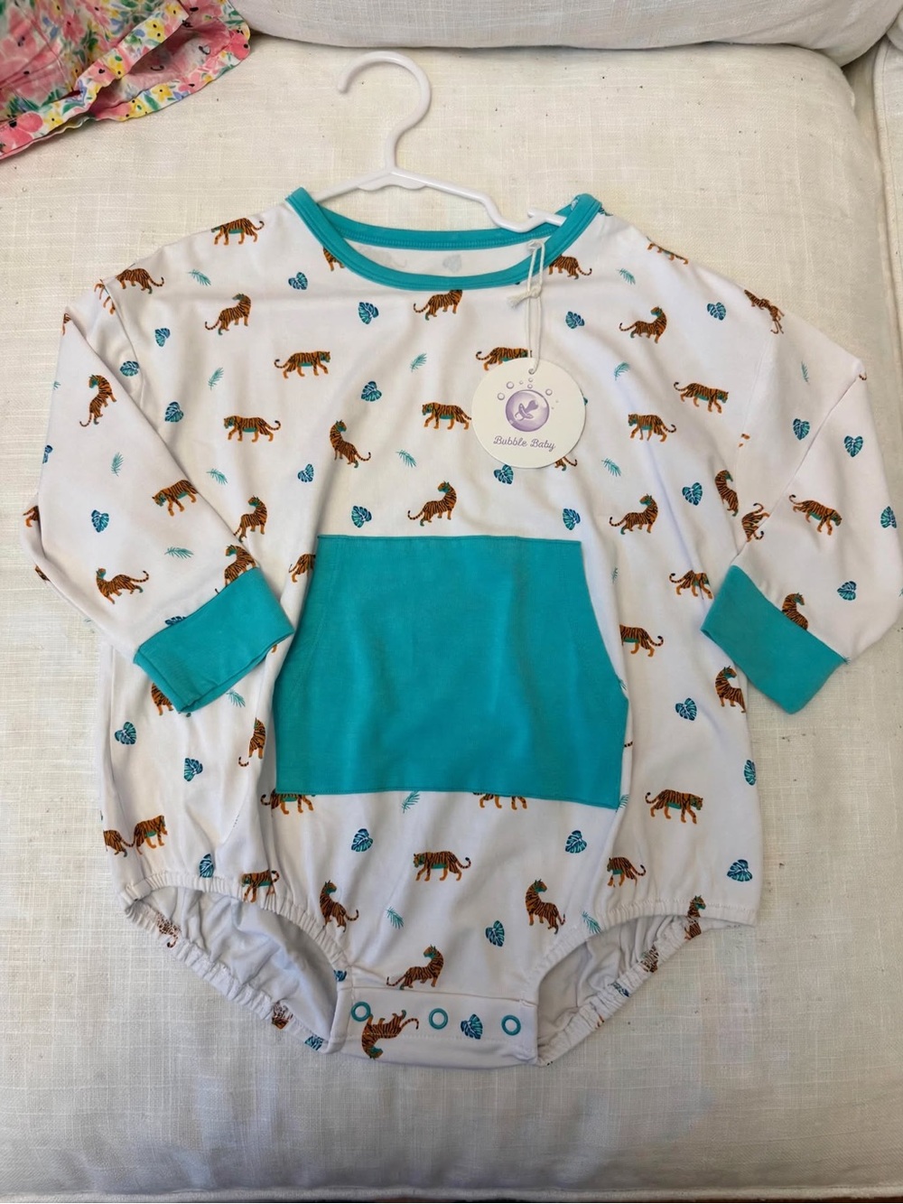 Turquoise-Trim White Tiger Print Baby Bodysuit